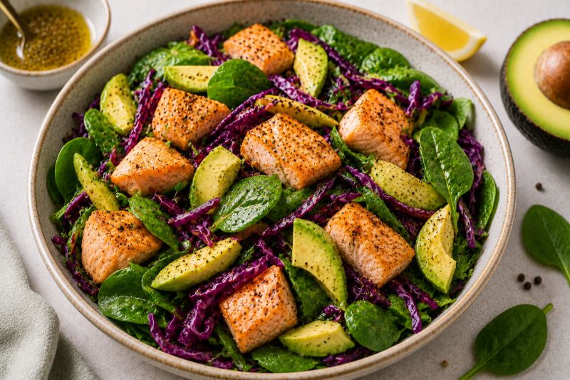 Babyspinat mit Lachsfilet, Avocado und Rotkohl
