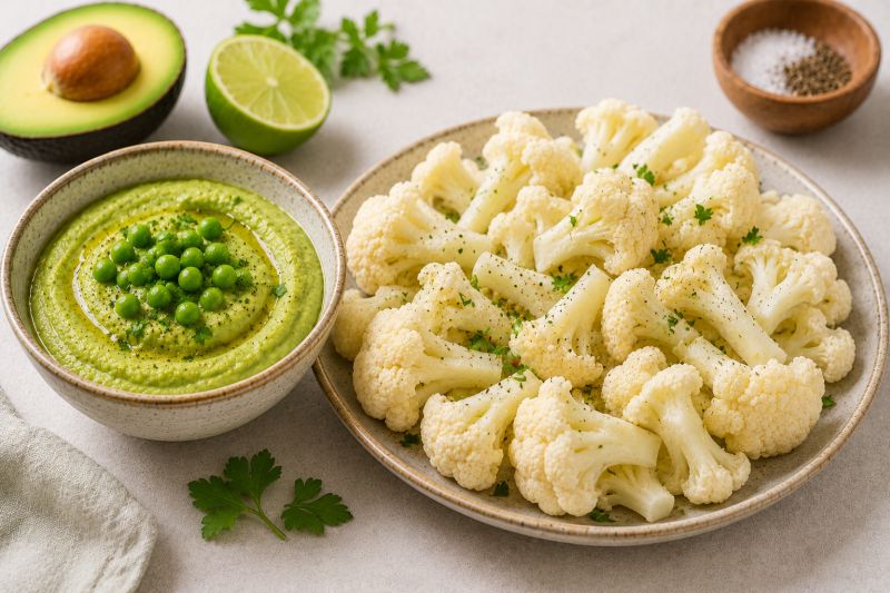 Avocado-Erbsen-Dip mit Blumenkohl-Sticks