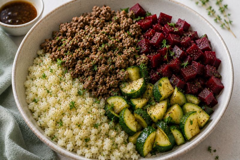 Blumenkohlreis-Bowl mit mageres Rinderhack, rote Bete und Zucchini