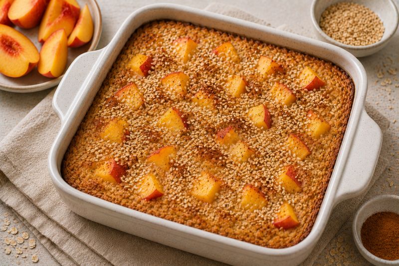 Baked Oats mit Pfirsich und Sesam