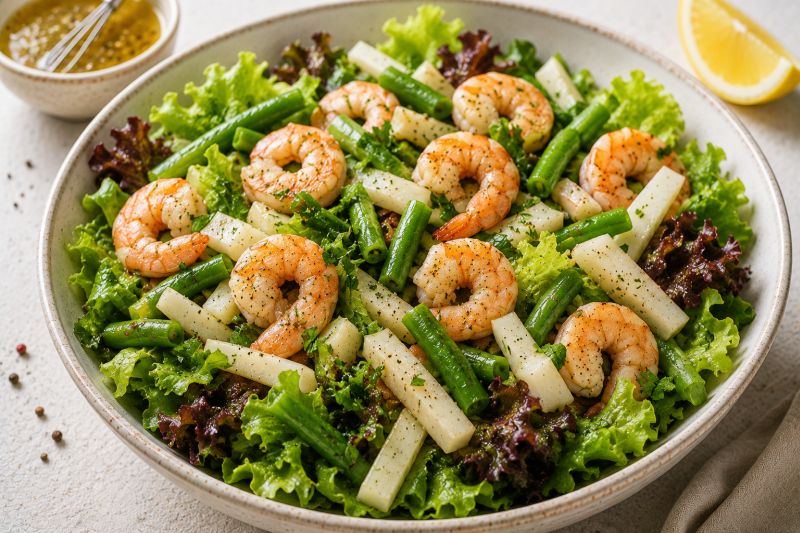 Blattsalat mit Garnelen, Kohlrabi und grüne Bohnen