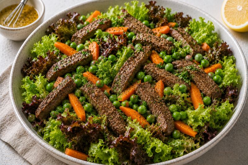 Blattsalat mit Rinderstreifen, Erbsen und Karotten