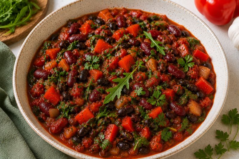 Bohnen-Chili mit Rucola und Paprika