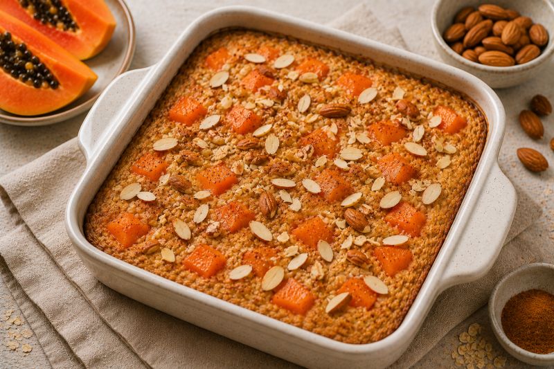Baked Oats mit Papaya und Mandeln