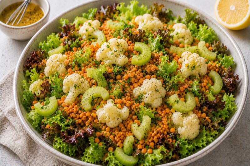 Blattsalat mit roten Linsen, Blumenkohl und Sellerie