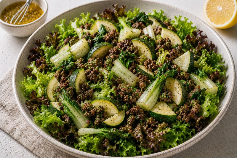 Blattsalat mit mageres Rinderhack, Zucchini und Pak Choi