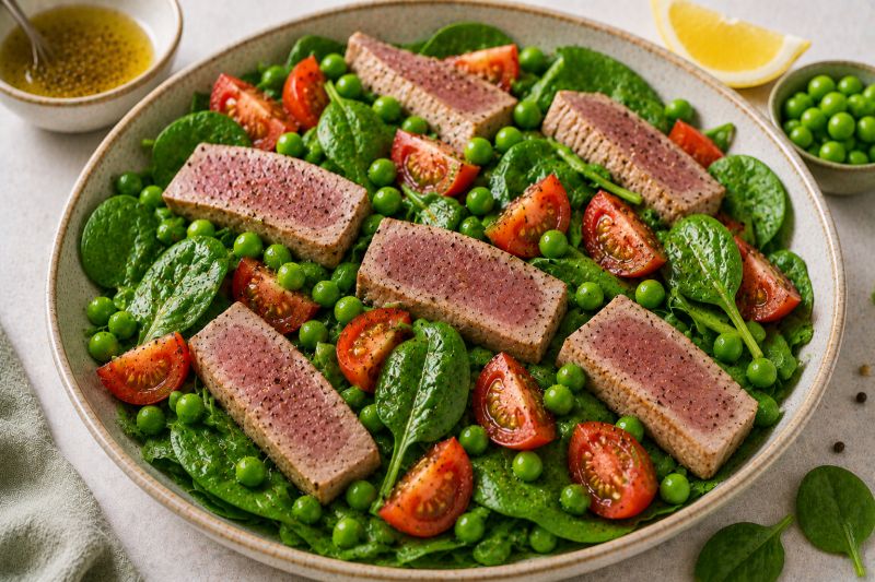 Babyspinat mit Thunfischsteak, Tomaten und Erbsen