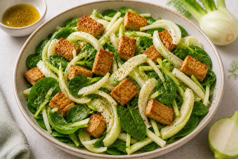 Babyspinat mit Tempeh, Fenchel und Kohlrabi