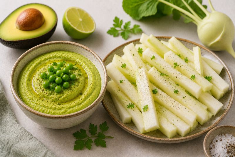 Avocado-Erbsen-Dip mit Kohlrabi-Sticks