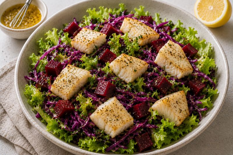Blattsalat mit Kabeljaufilet, Rotkohl und rote Bete