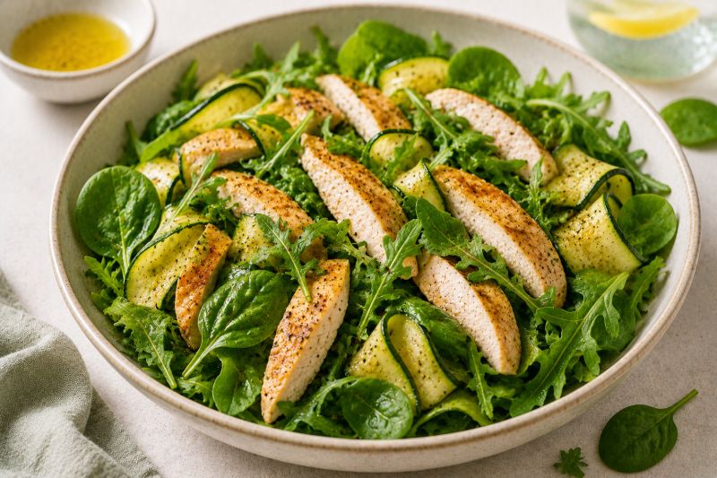 Babyspinat mit Hähnchenbrust, Rucola und Zucchini